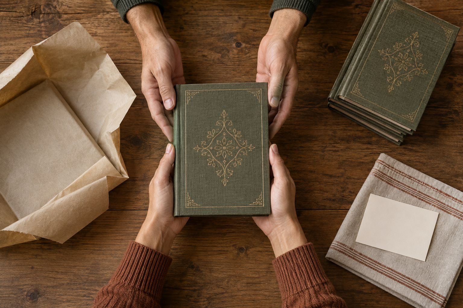 Two people complete a book handoff across a wooden table beside an opened parcel and several neatly arranged volumes.