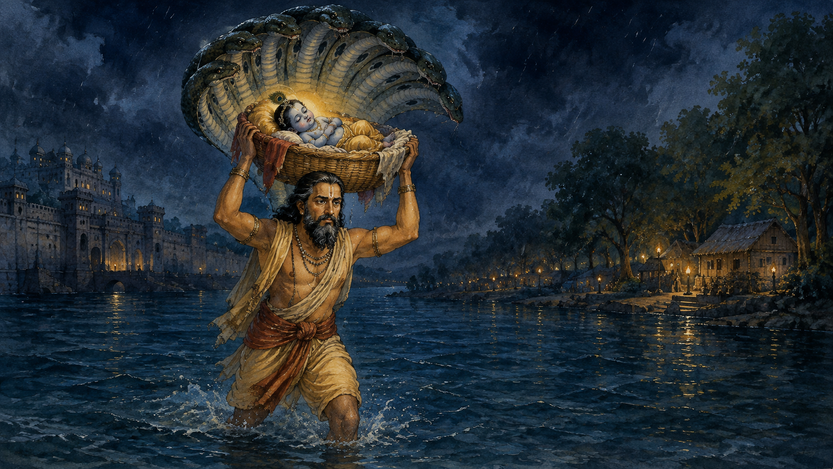 Vasudeva carries the newborn Krishna in a basket across the Yamuna at night beneath the protective hoods of Shesha, with Mathura behind him and Vraja ahead.