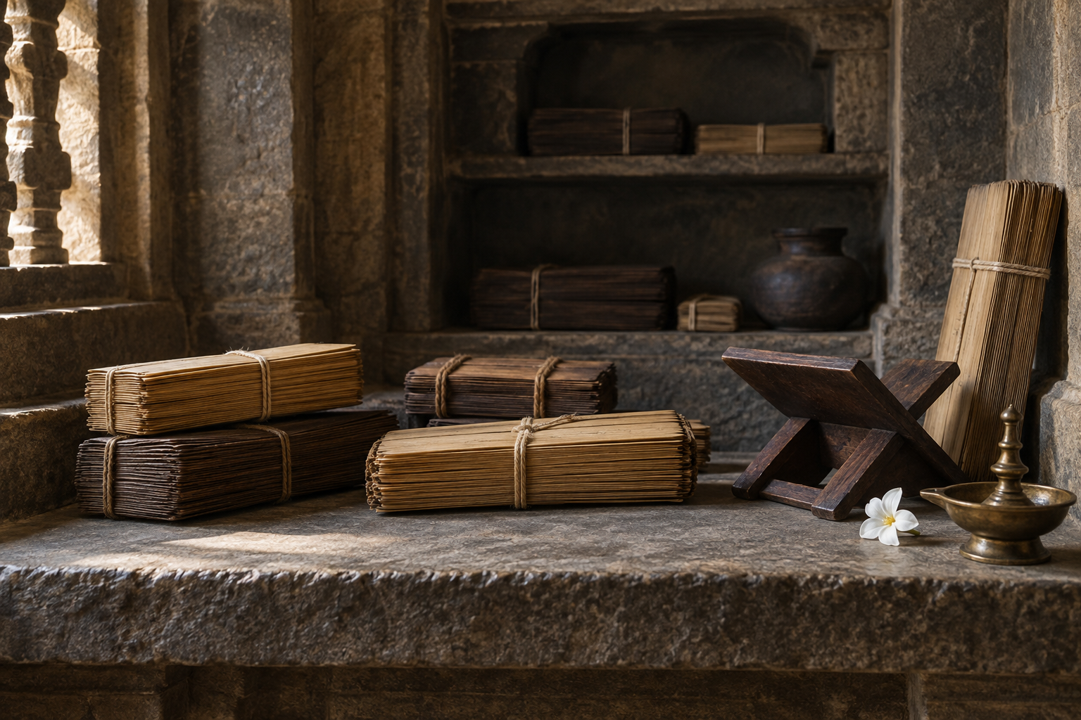 Several tied palm-leaf manuscript bundles sit together on a wooden stand in a dim stone study chamber.
