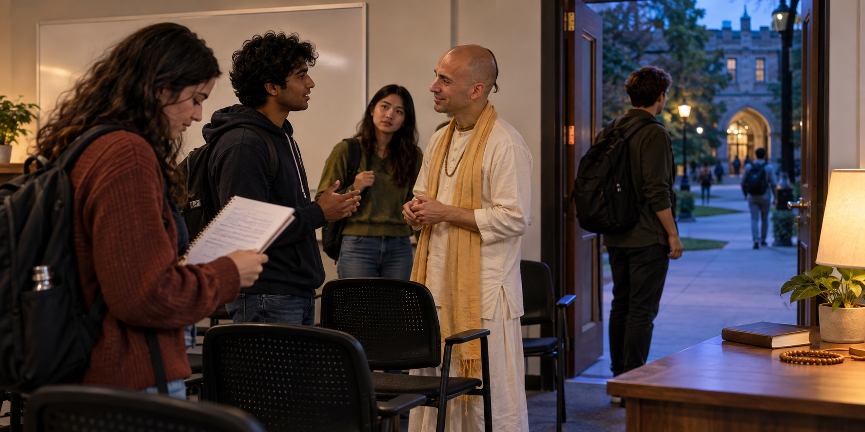 Students reflect and talk after a campus spiritual event while an open classroom door leads into a softly lit corridor.