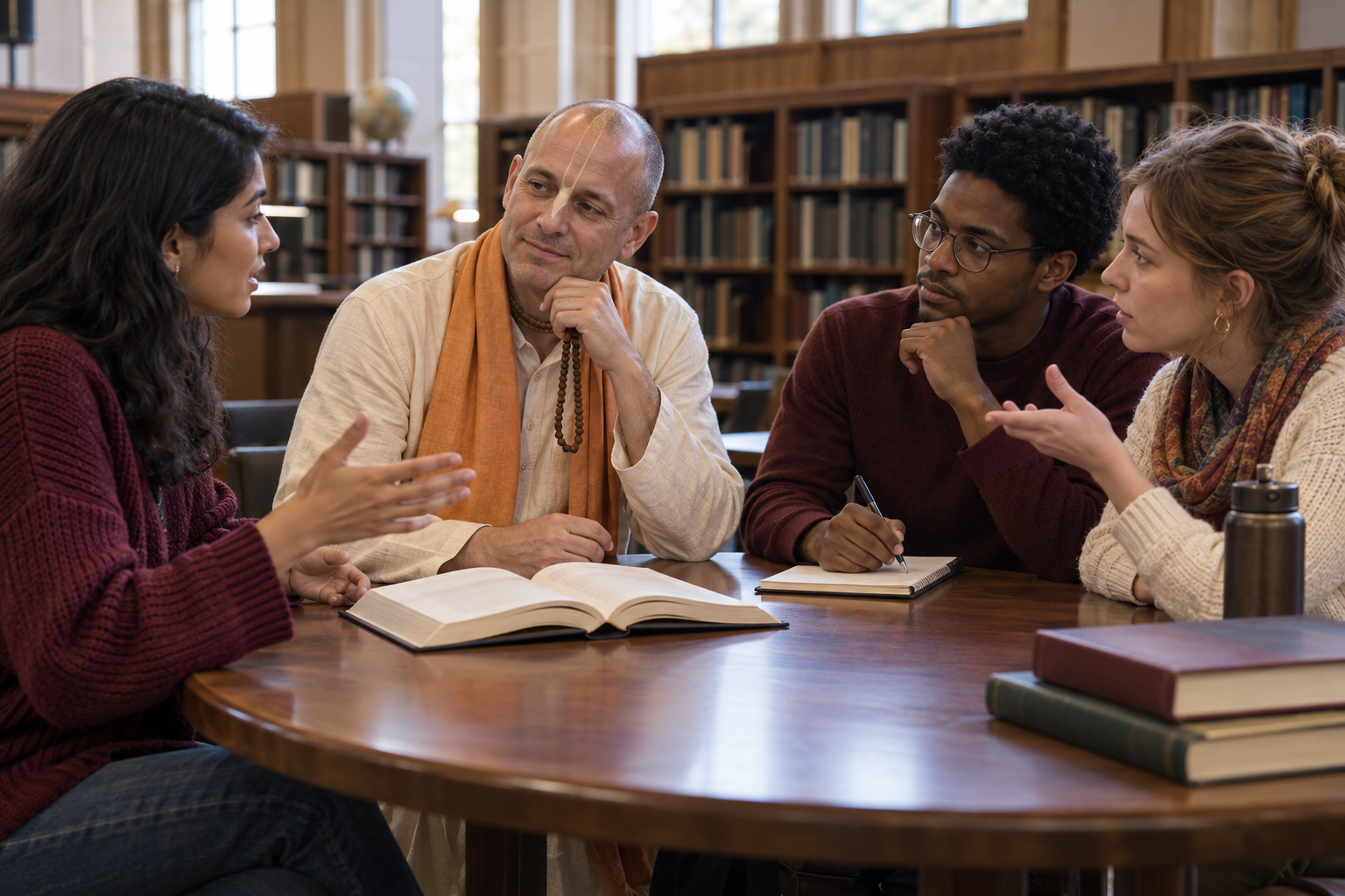 A Vaishnava discussion leader and three students examine prayer beads and an open book during a library conversation.