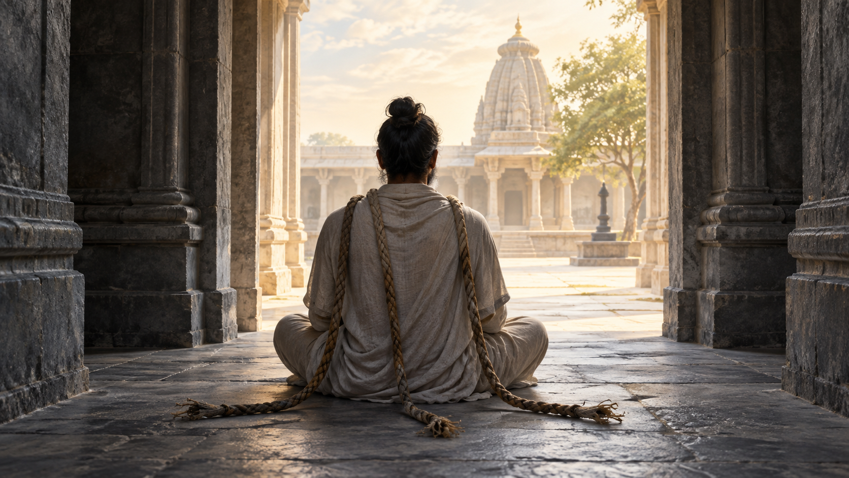 A seated figure faces a sunlit temple courtyard as three loosened cords lie open on the stone floor behind them.