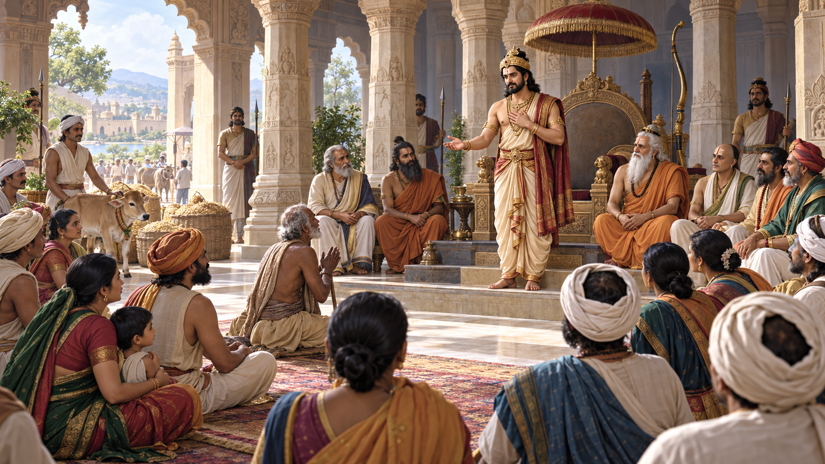 King Prithu addresses elders and citizens in a pillared hall as advisers, farmers, families, and attendants listen nearby.
