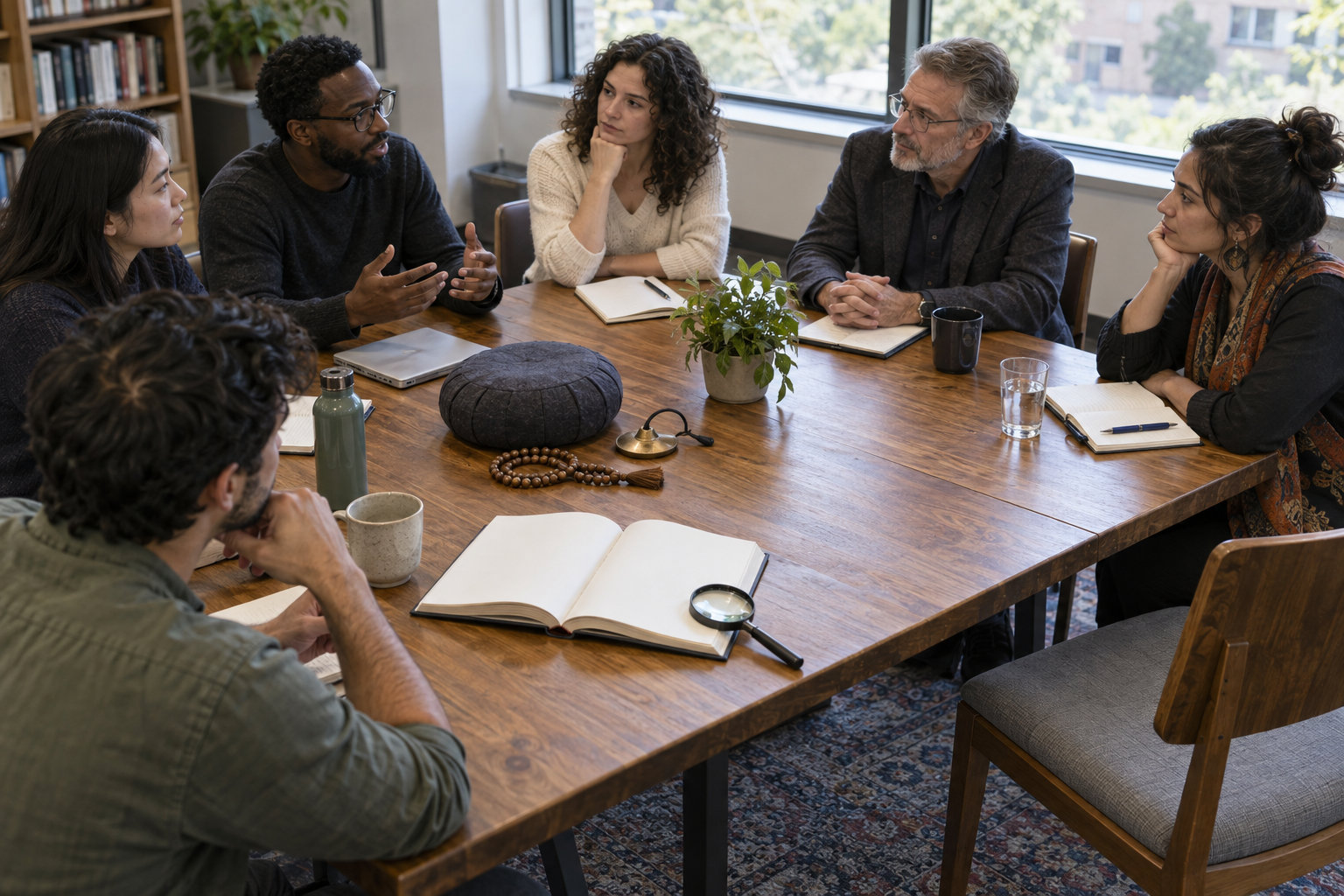 Students gather around a seminar table with an open book, prayer beads, a meditation cushion, and an empty chair arranged for discussion.