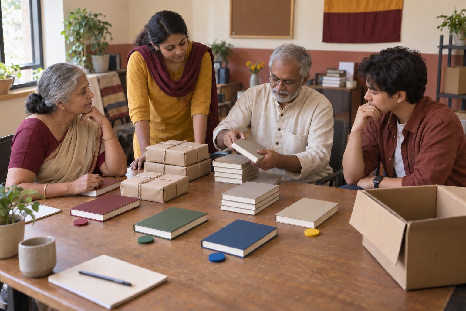 An intergenerational volunteer team checks book sets and blank colour markers around a community-centre table.