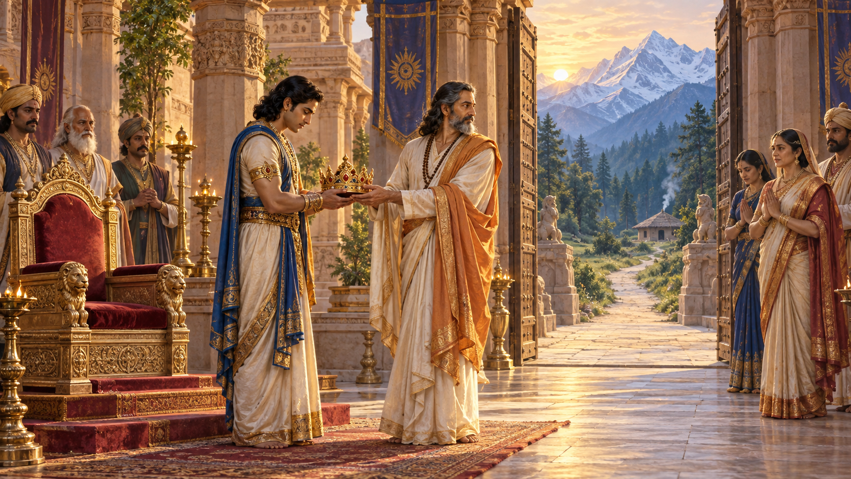 Dhruva places his crown in the hands of an adult successor beside an empty throne, with a mountain path visible through the palace gate.