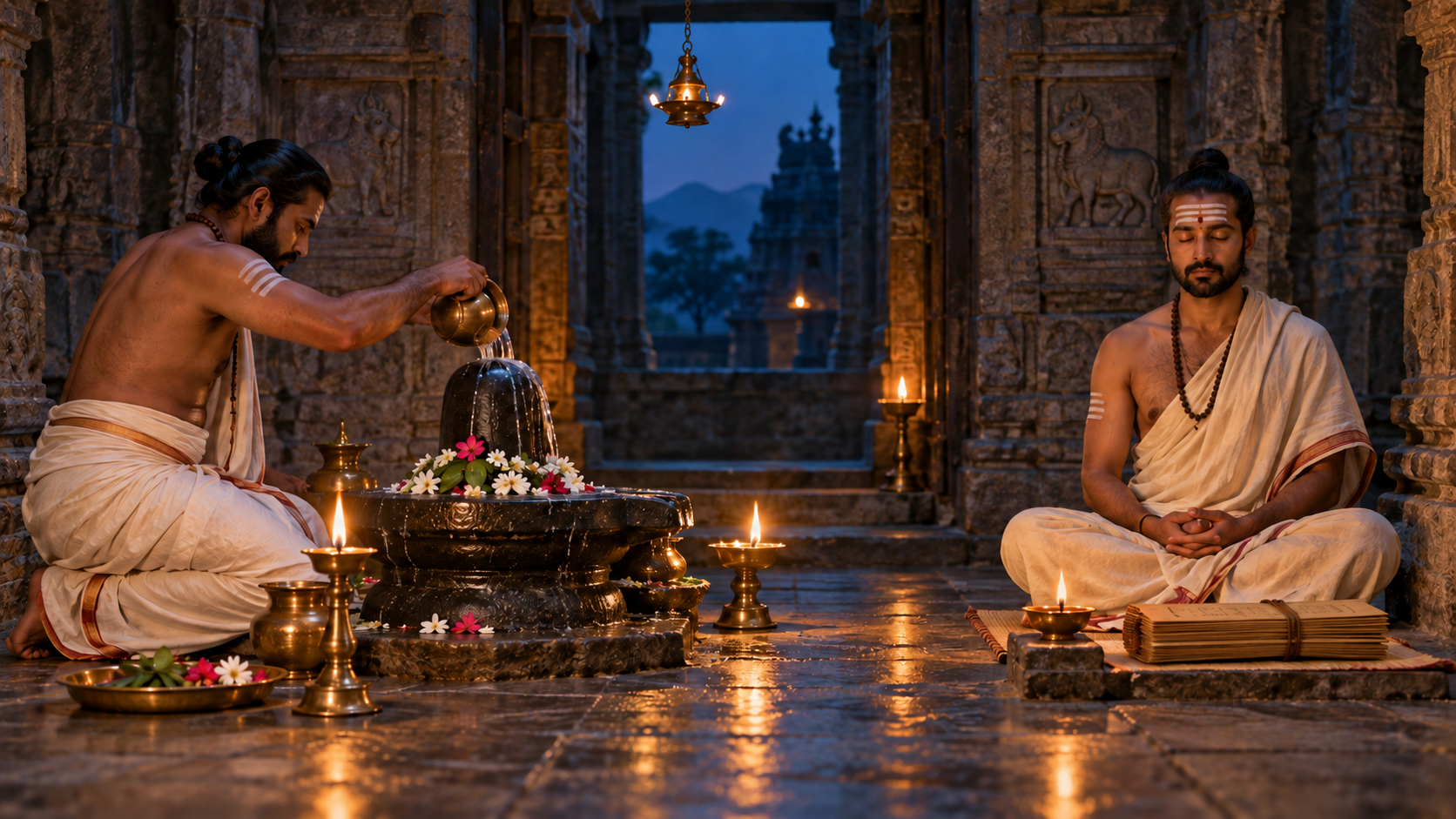 One practitioner makes a water and flower offering at a Shiva linga while another meditates beside a closed palm-leaf bundle in the same sanctuary.