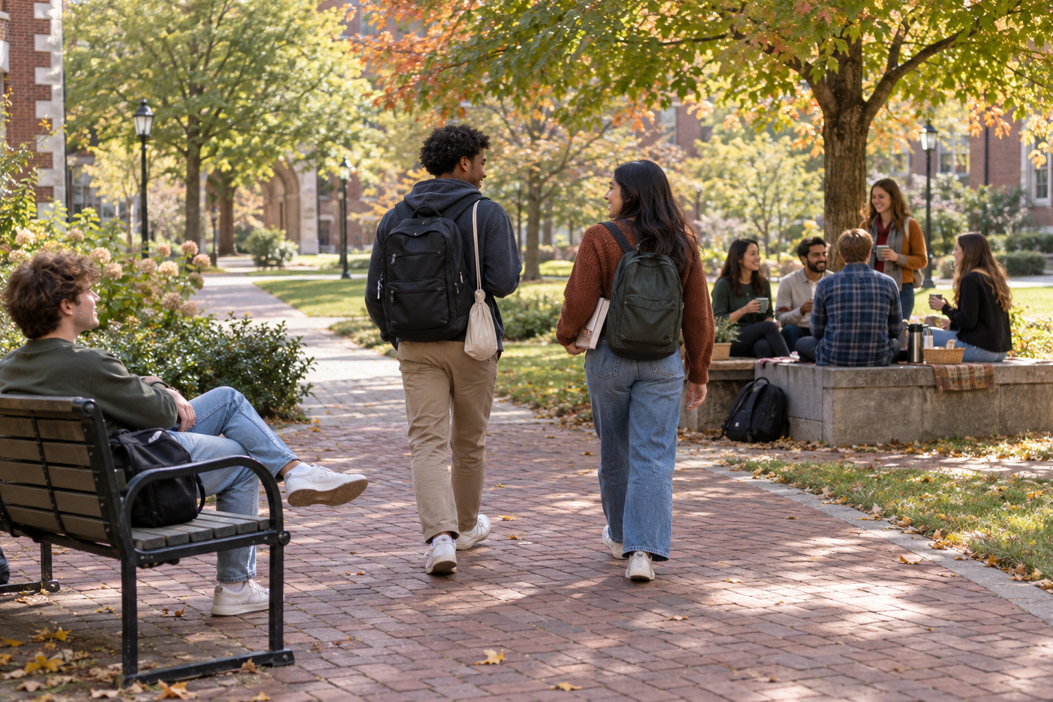 Two students approach a small courtyard gathering while another student sits on a bench beside several open campus paths.