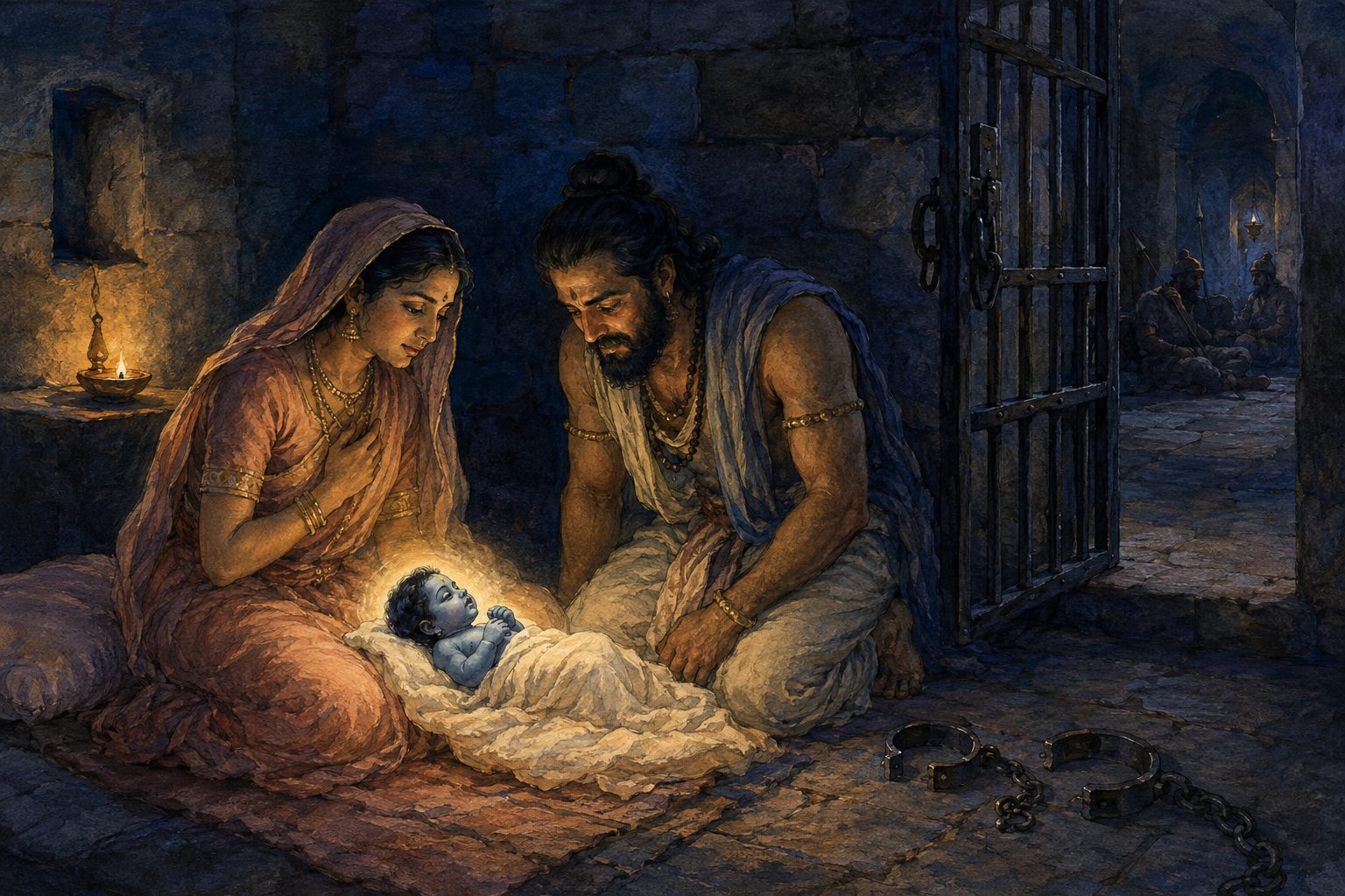 Devaki and Vasudeva gaze at the newborn Krishna in a dim prison chamber where shackles have opened and the cell door stands ajar.