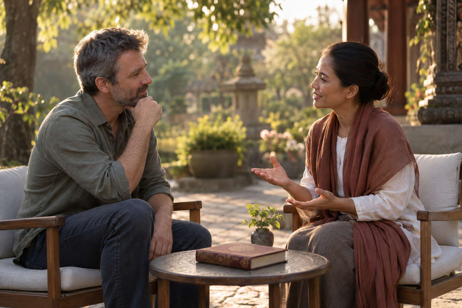 A volunteer and a prospective reader have a relaxed conversation beside a closed sacred volume in a garden courtyard.