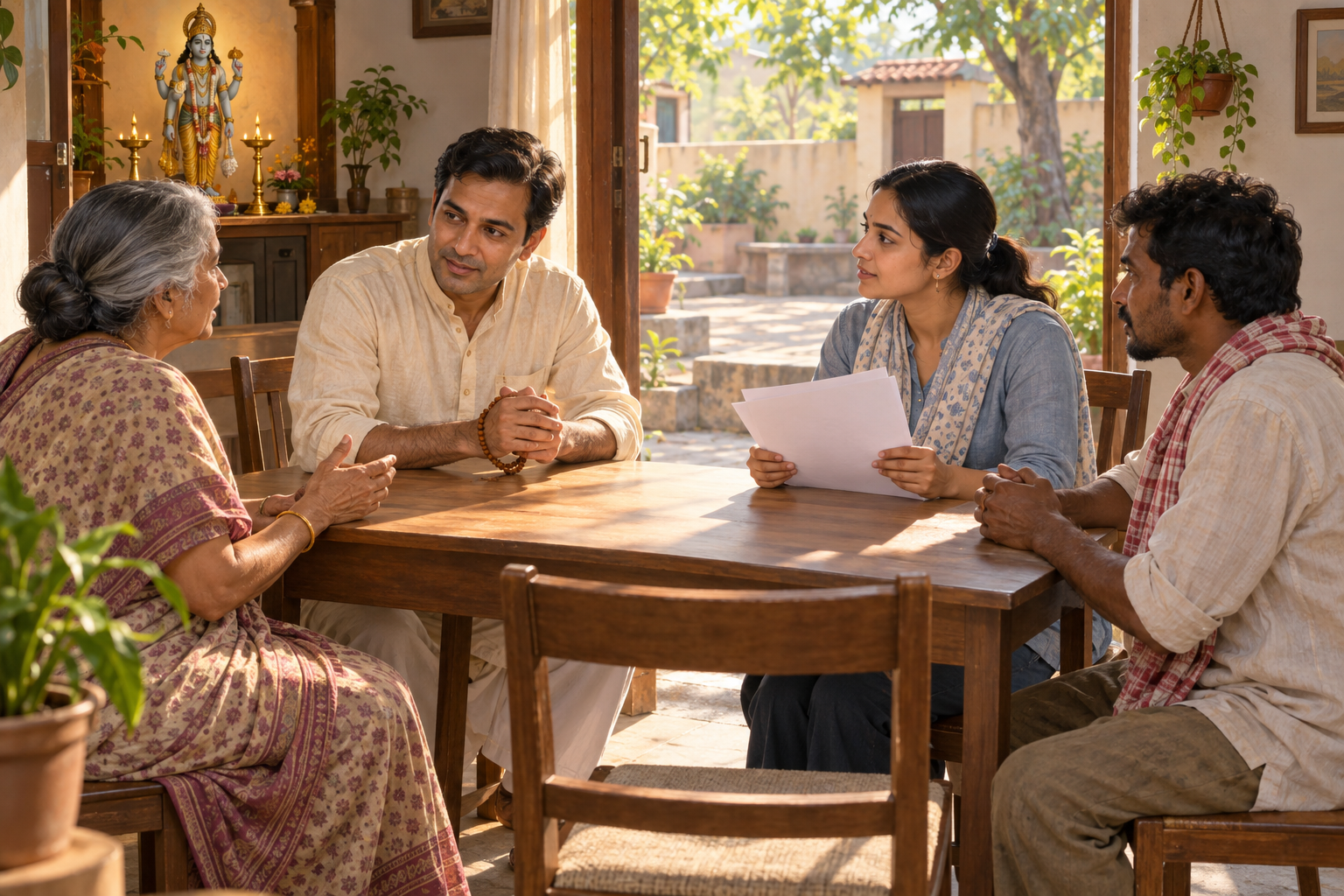 A householder turns from morning prayer at a Vishnu altar to listen to three people gathered around a simple table.