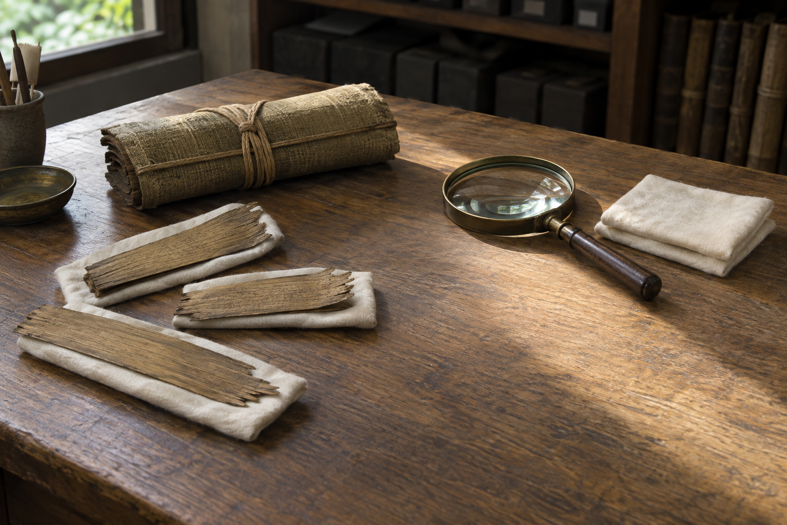 A few palm-leaf fragments, a closed manuscript bundle and a magnifying lens rest on a carefully arranged wooden worktable.