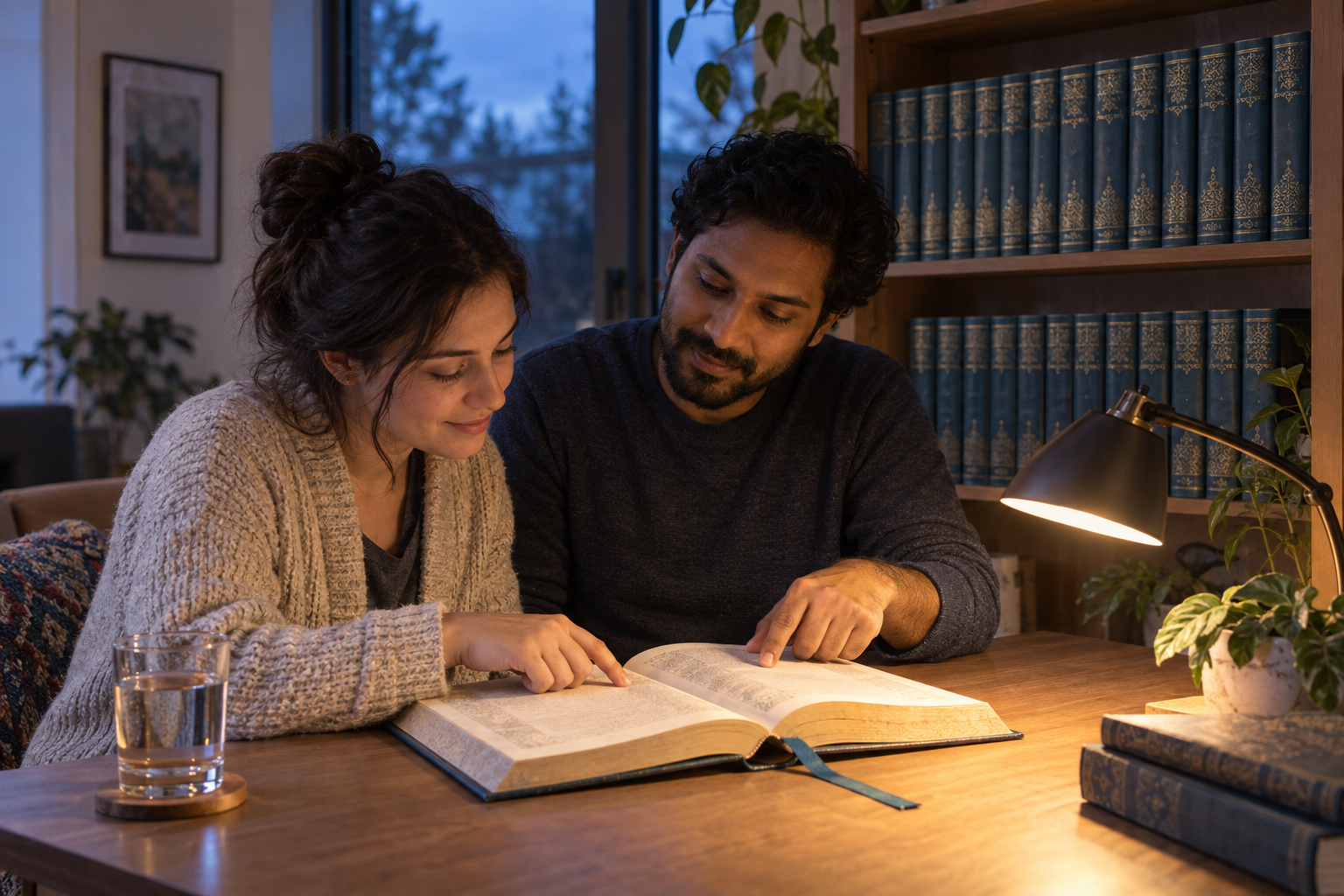 A new reader opens the first volume at a home desk while a supportive friend helps them begin reading.