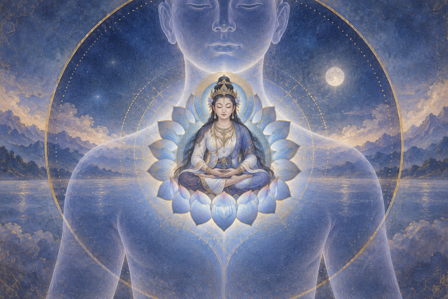 A serene feminine divine figure sits within a luminous sixteen-petaled lotus positioned at the throat of a translucent meditating silhouette.