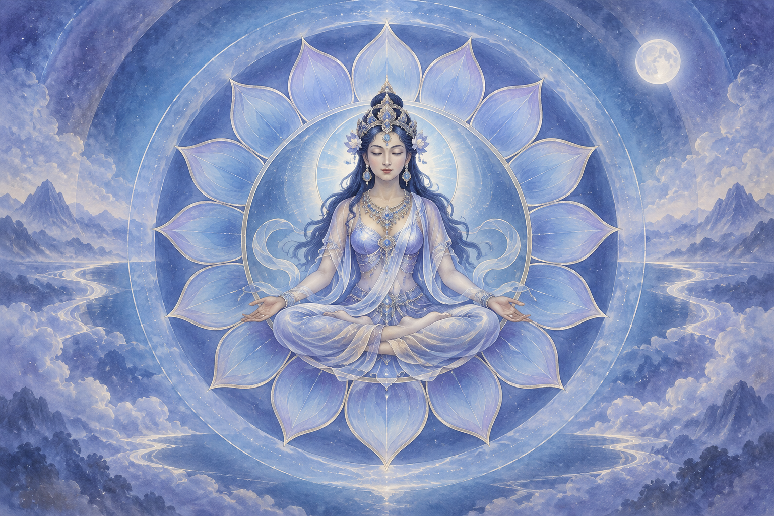 A feminine divine figure sits at the center of a sixteen-petaled blue and violet lotus surrounded by luminous circular fields.