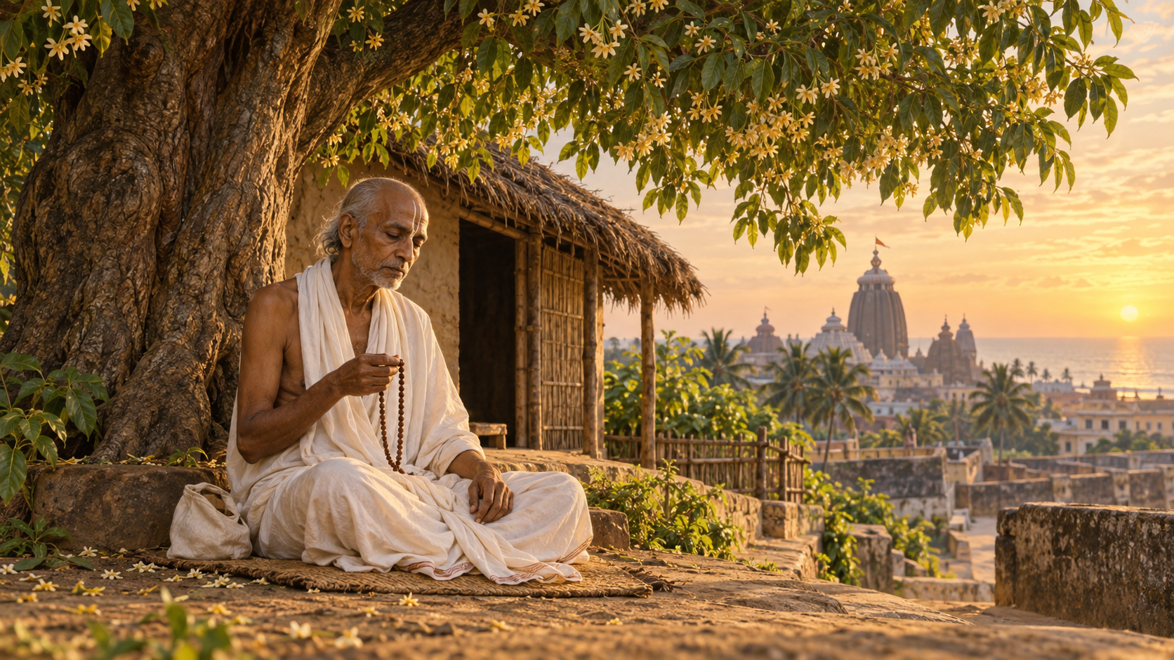 Srila Haridasa Thakura sits beneath a bakula tree near a simple hut, chanting on prayer beads in the light of dawn.