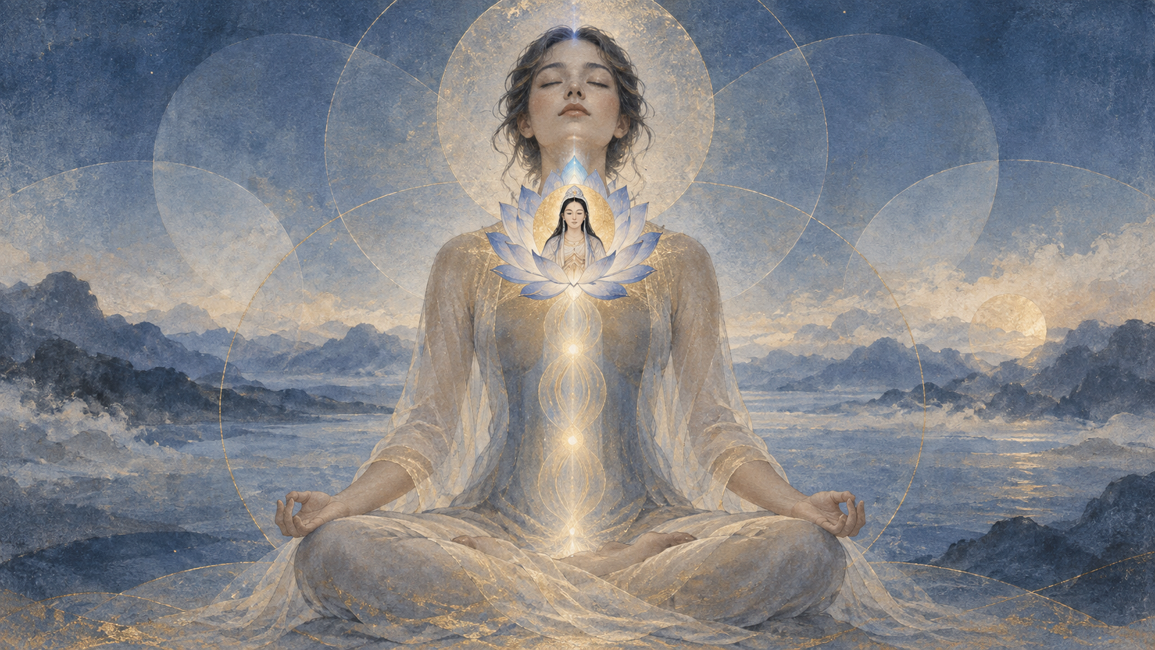 A layered meditating figure contains a vertical stream of light and a glowing lotus with a feminine sacred presence at the throat.