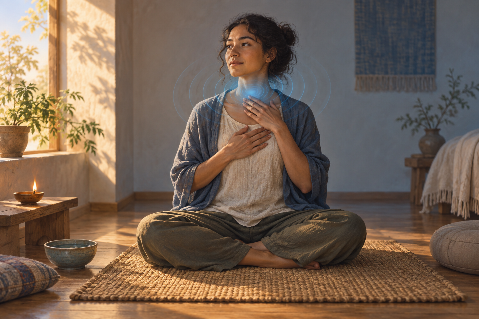 A person meditates in a quiet room as a subtle blue glow and soft ripples spread from the throat area.