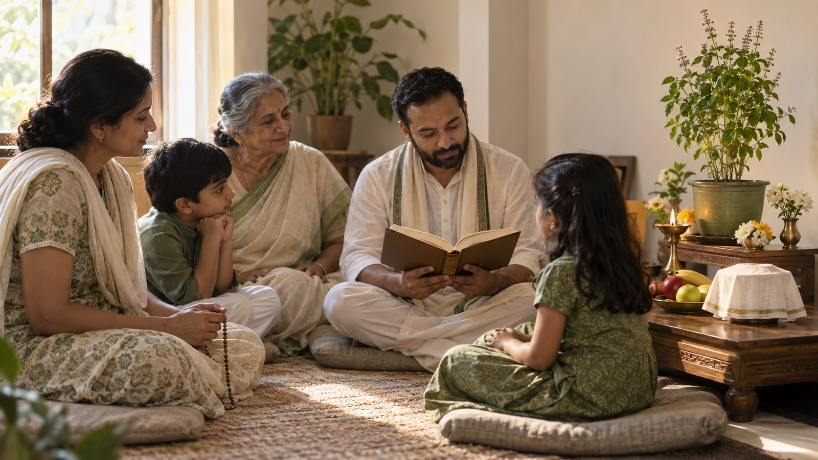 A family observes the day at home by hearing from a devotional book beside a simple altar with flowers, fruit, a lamp, and a tulasi plant.