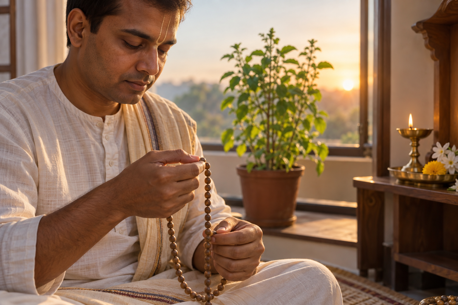 A devotee chants attentively on wooden prayer beads beside a tulasi plant and a simple prayer shelf at sunrise.