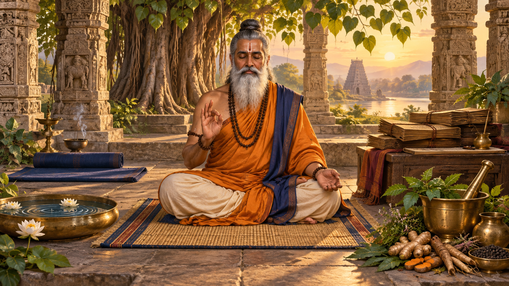 A seated Indian sage is surrounded by symbols of meditation, palm-leaf scholarship, and traditional plant medicine in a temple courtyard.