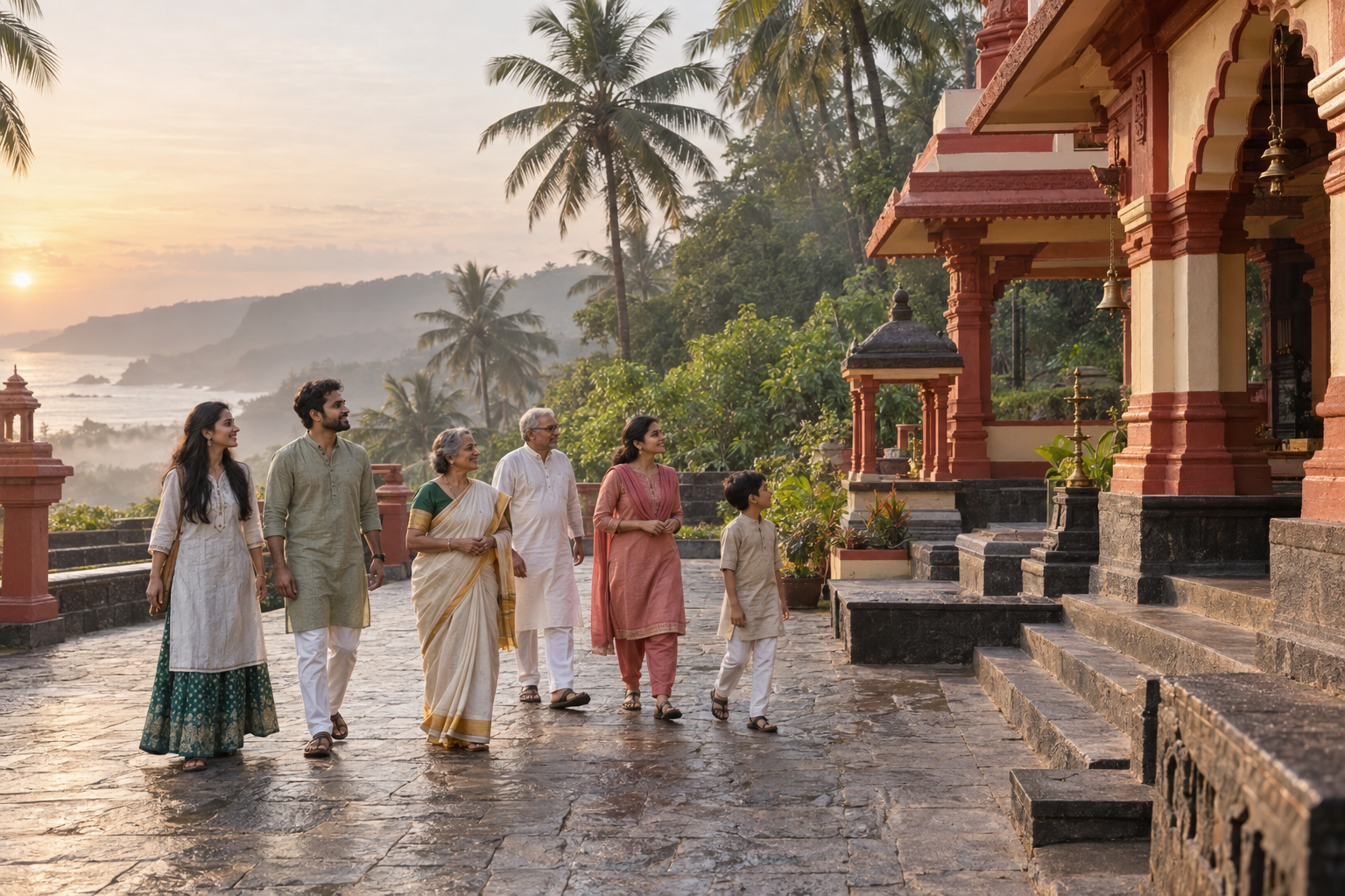 Multigenerational devotees in saris, kurtas, long skirts, and full-length trousers approach a coastal Konkan temple at sunrise.