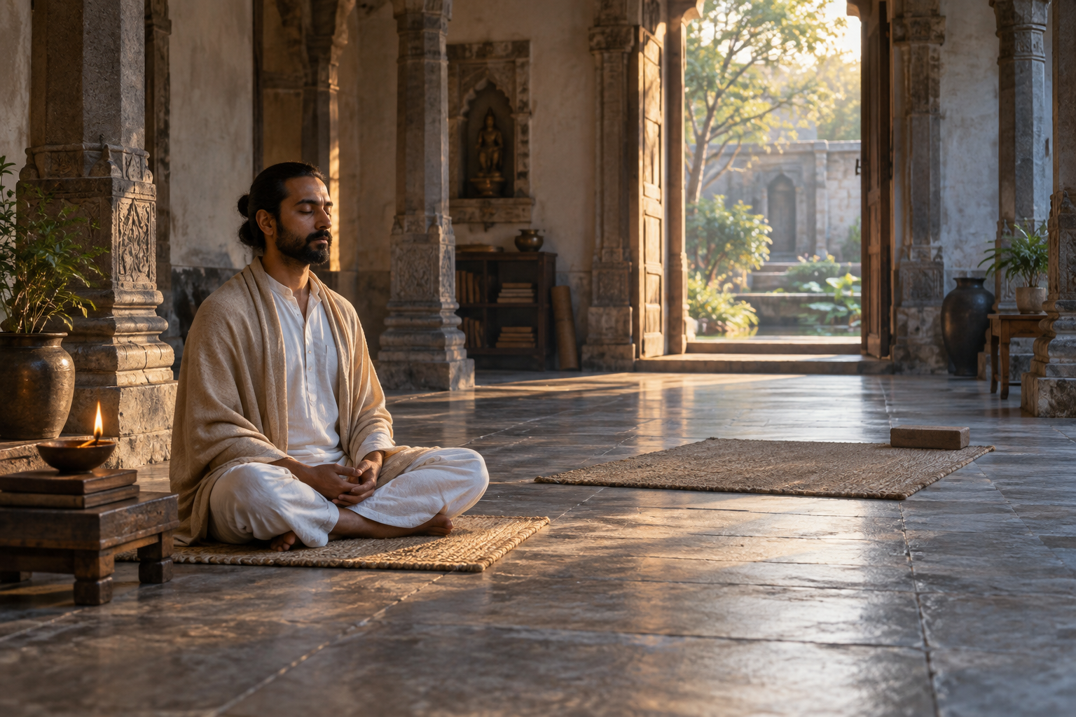 A practitioner meditates in a quiet Indian learning hall beside an oil lamp and a simple practice mat.