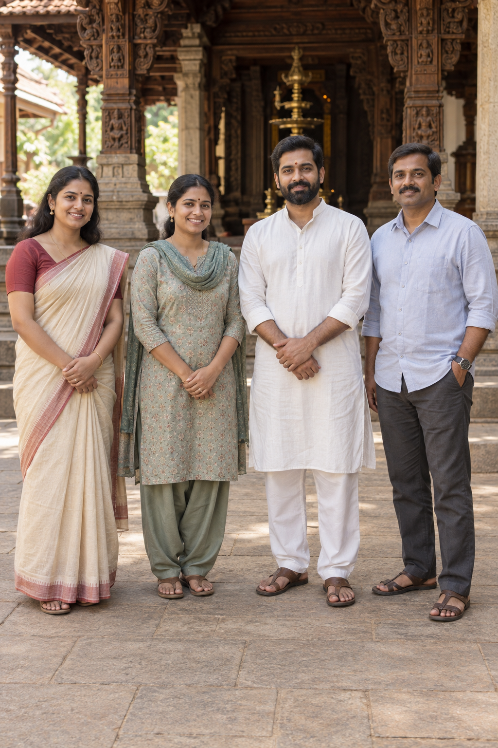 Four adult devotees model temple-appropriate outfits with saris, salwar trousers, pajama trousers, and long trousers extending below the knee.