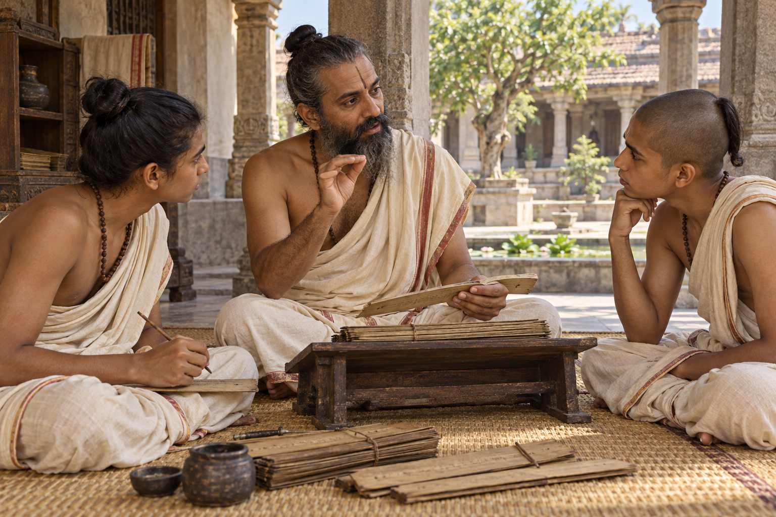 A teacher and two students examine palm-leaf manuscripts during a focused lesson in an ancient Indian courtyard.