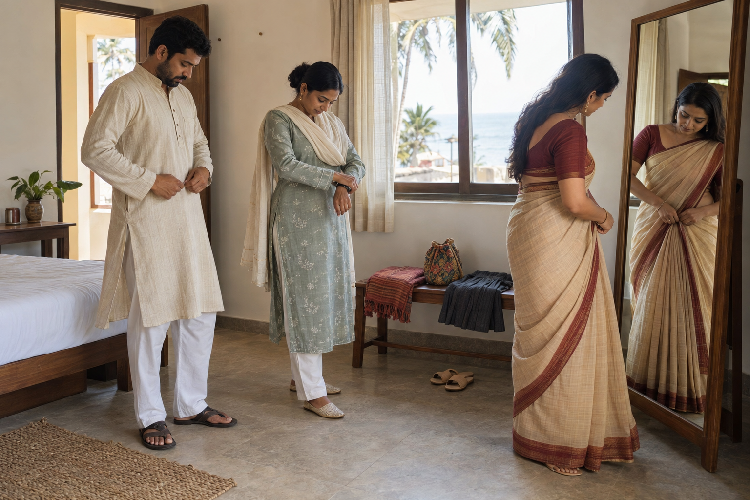 Three adult pilgrims check their sari, kurta, and full-length trousers in a guesthouse mirror before leaving for the temple.