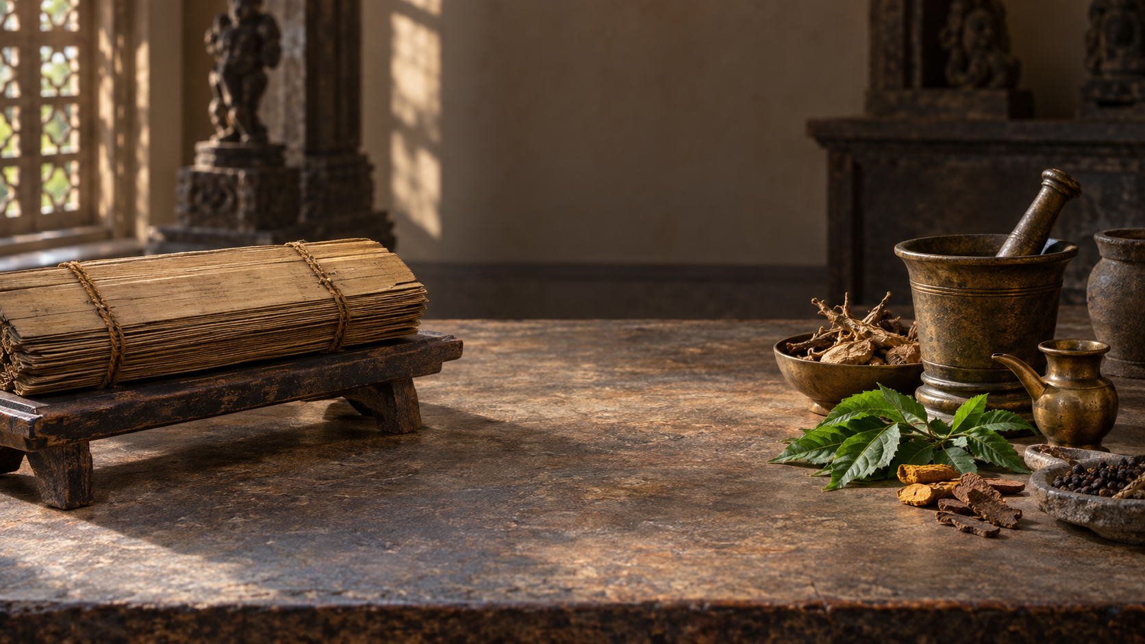A palm-leaf manuscript sits near medicinal herbs, a bronze bowl, and a mortar and pestle, separated by an open space.