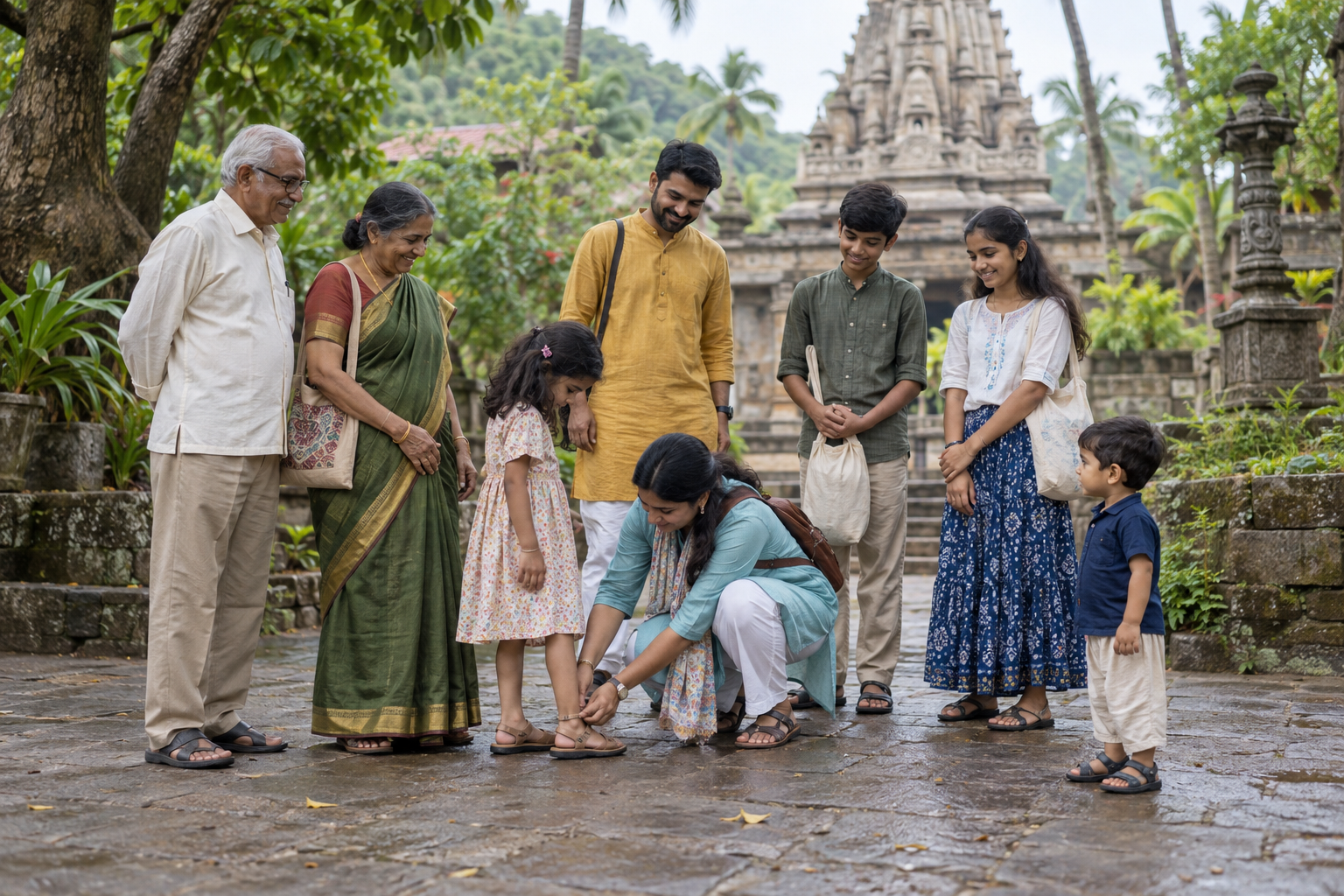 A multigenerational family in modest, comfortable clothing prepares to enter a temple courtyard with children and teenagers.
