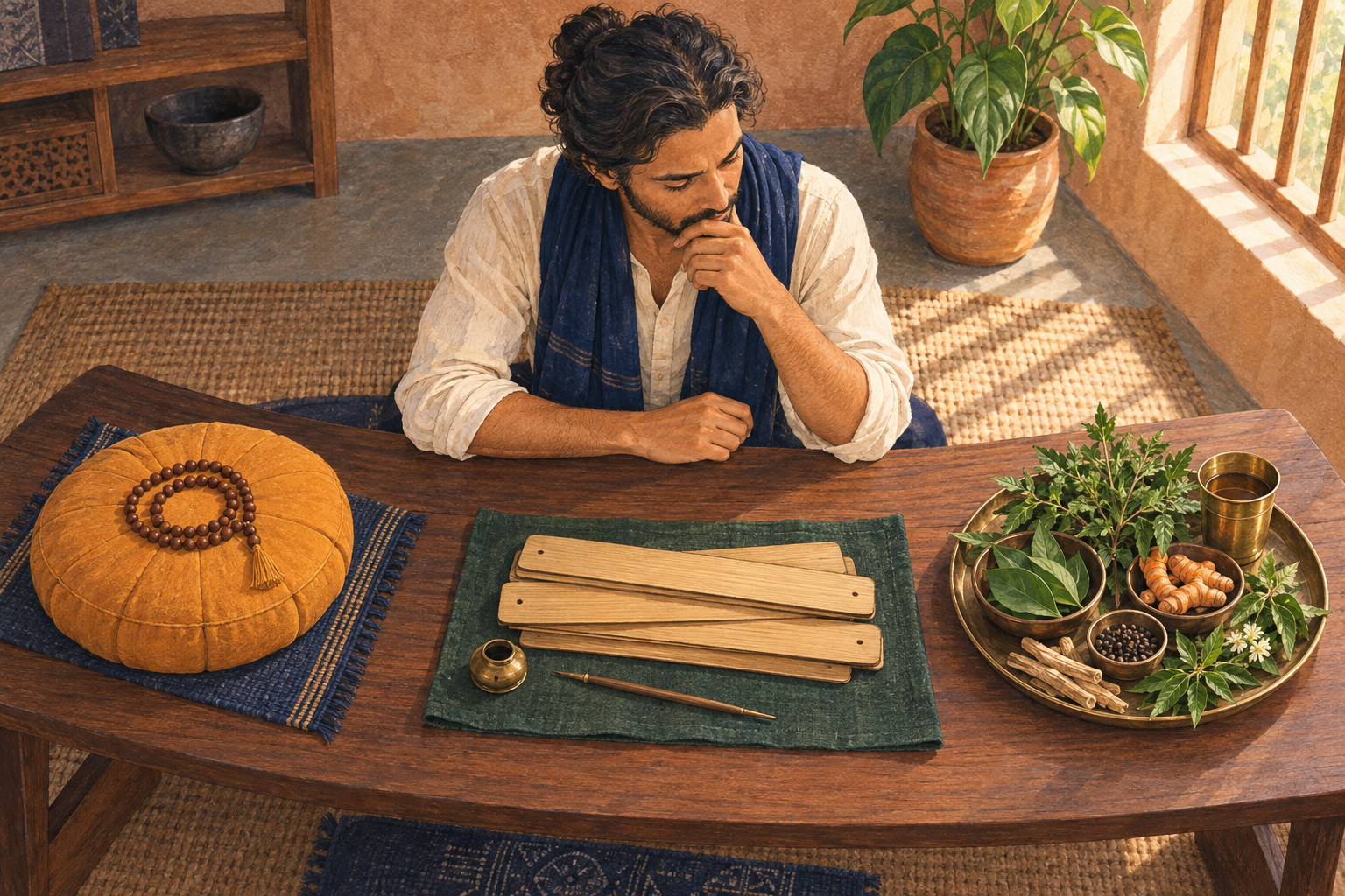 A reader at a low desk studies separate groups of meditation, manuscript, and medicinal objects.