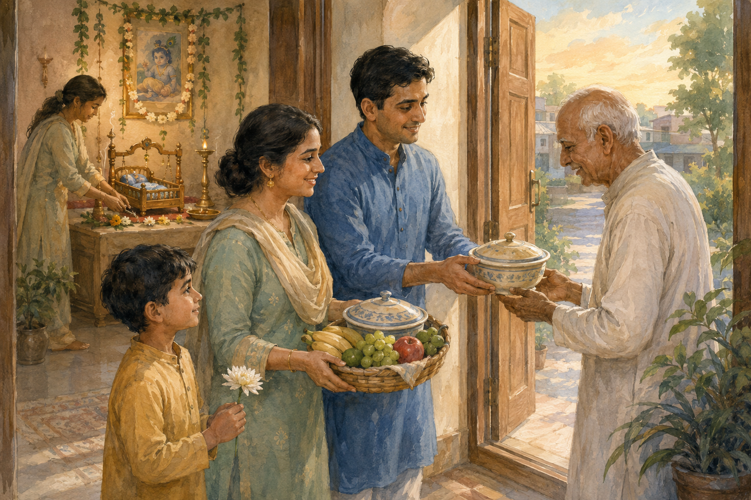 Household members share bowls of prasada and fruit with an elderly neighbor at dawn while the Janmastami altar remains visible inside the home.