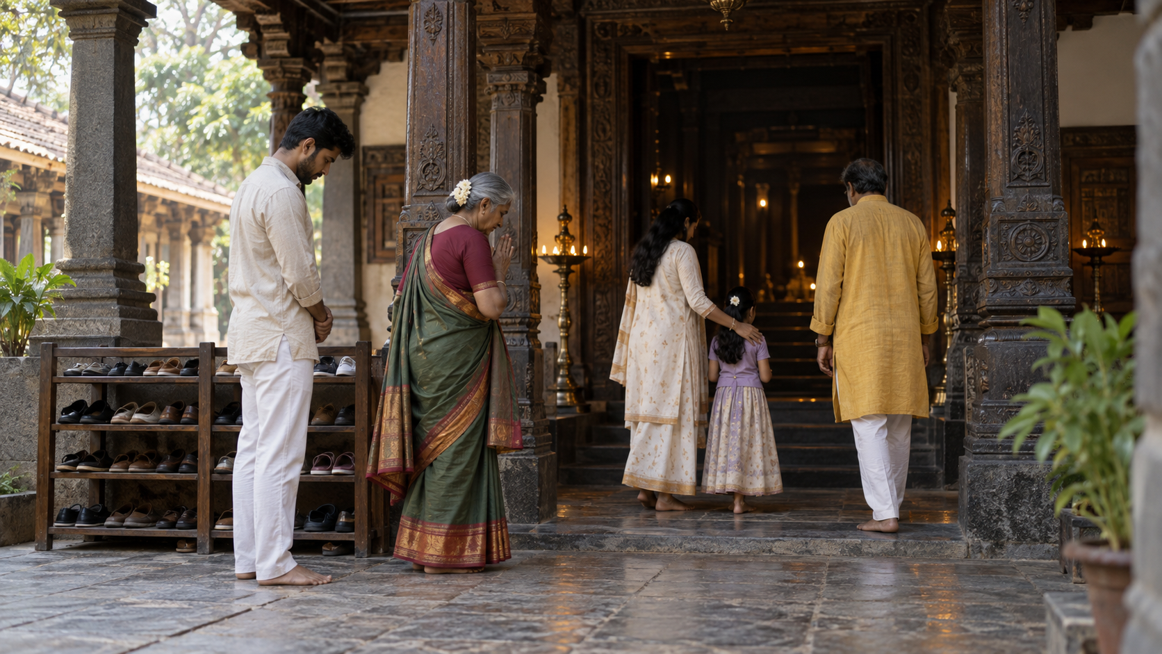 Devotees remove their footwear and pause respectfully at a temple entrance before proceeding inside.
