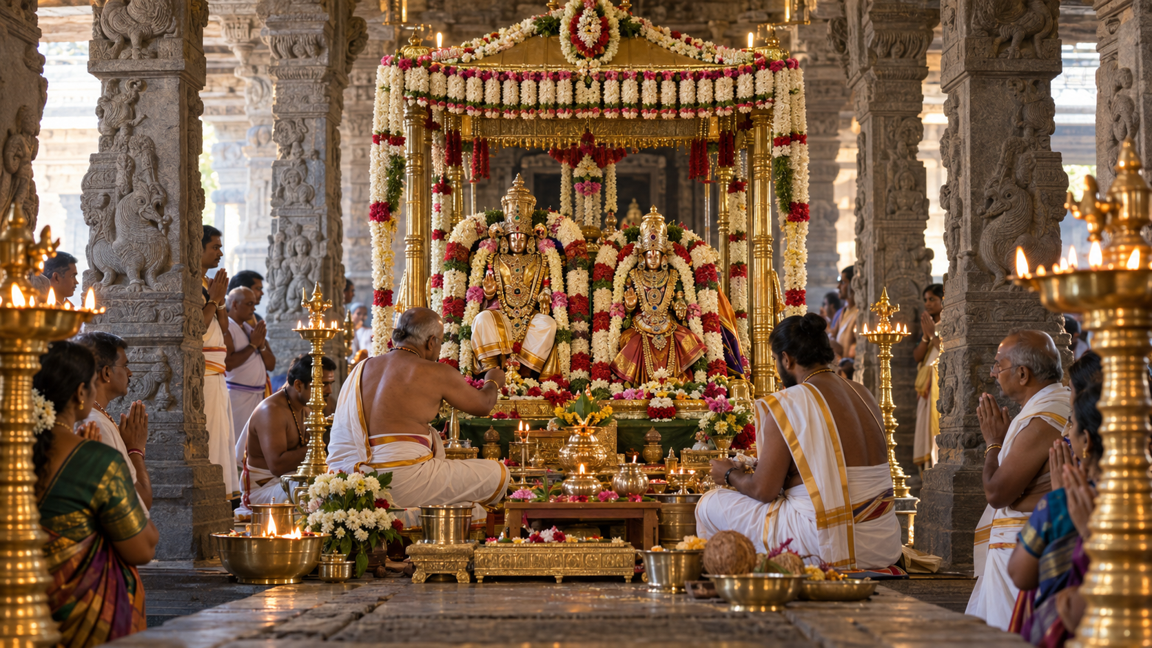 Priests and devotees gather around two garlanded festival deity icons during a divine wedding ceremony in a South Indian temple hall.