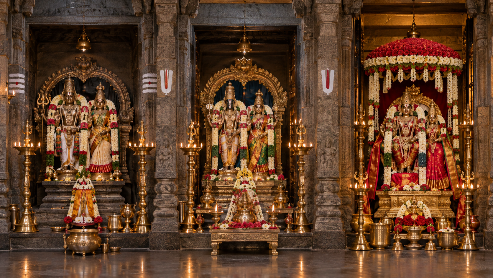 Three temple alcoves show differently adorned divine couples and ritual settings associated with distinct Thirukalyanam traditions.