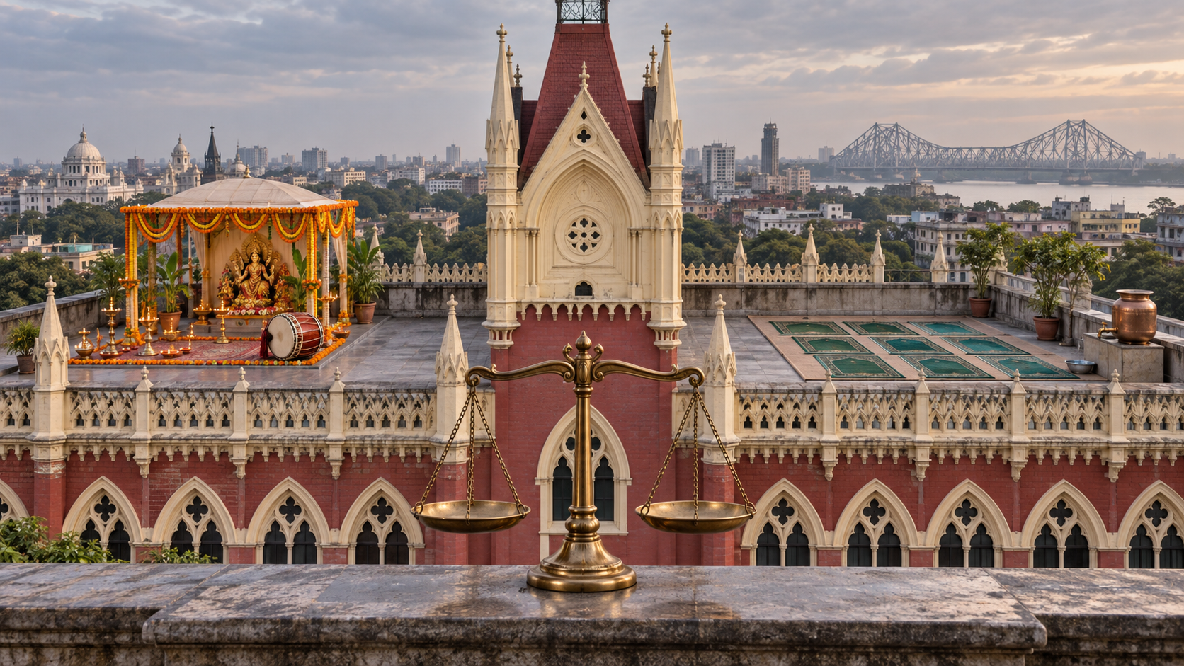 A historic red-and-cream Gothic courthouse with a rooftop containing an unoccupied Durga Puja area and an unoccupied prayer-mat area, with a balanced brass scale in the foreground.
