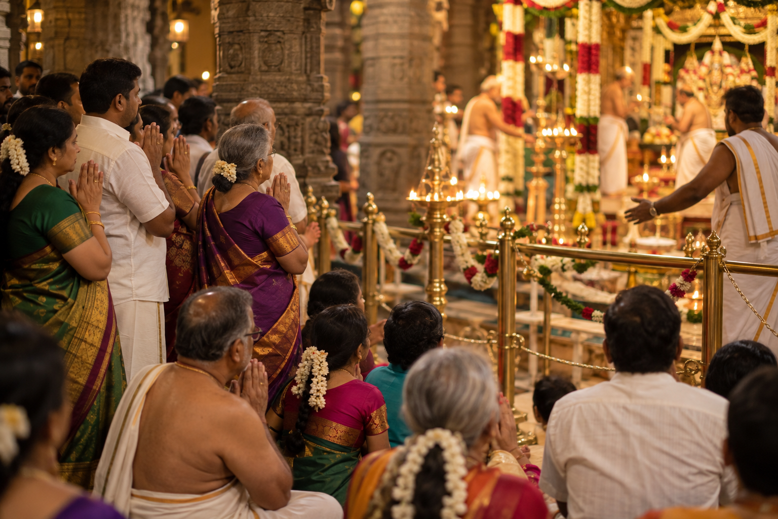 Devotees in modest festive clothing watch a temple Thirukalyanam with joined hands from behind the ritual area.