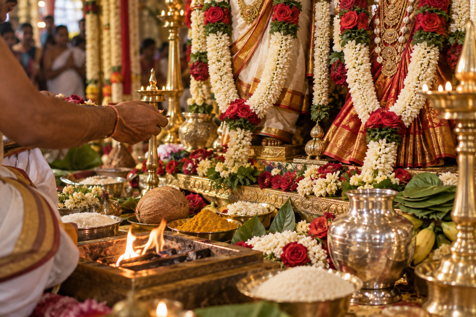 Sacred wedding offerings, lamps, flowers, and a ritual fire are arranged before two garlanded festival deity icons.