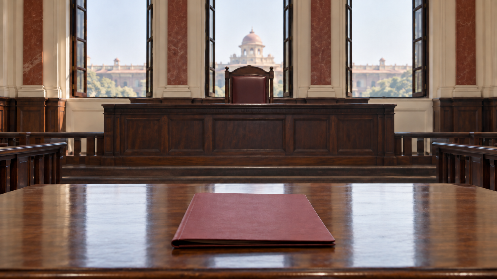 A closed unmarked petition folder lies on a courtroom table, while a courthouse rooftop appears out of focus through tall windows behind an empty bench.