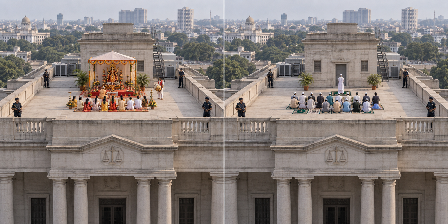 Two matched views of the same courthouse rooftop show similarly sized Durga Puja and namaz gatherings under identical space, access and security conditions.