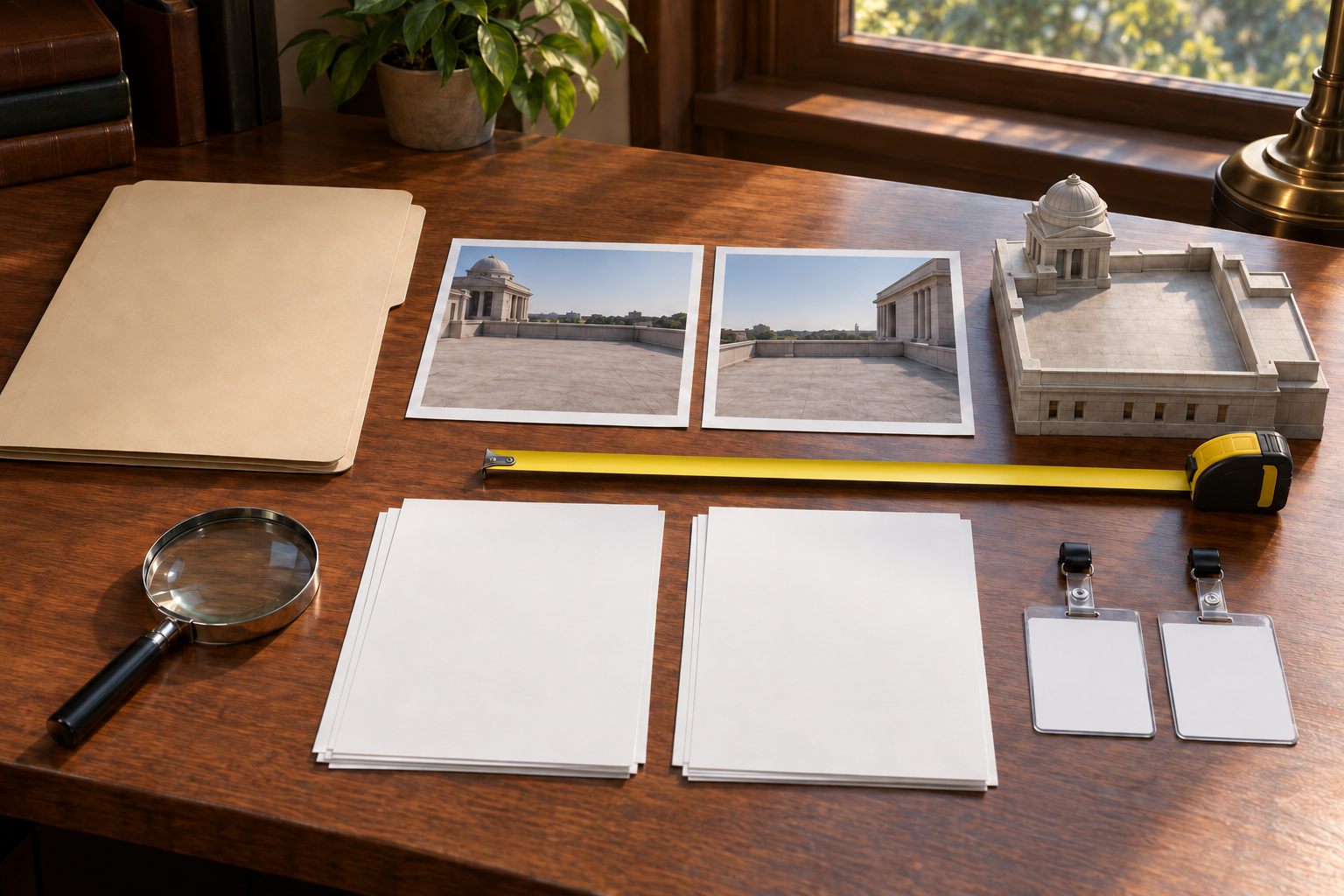 An unmarked legal case folder, blank forms, rooftop photographs, a measuring tape, a magnifying glass and two identical access badges are arranged on a wooden desk.