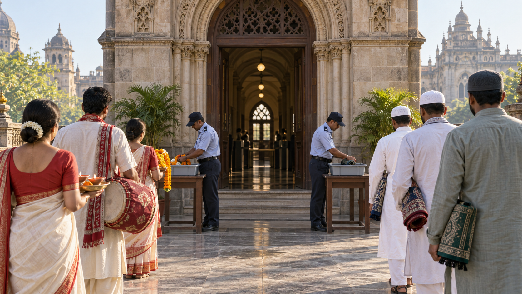 Two groups carrying Durga Puja items and prayer mats pass through the same security checkpoint at a courthouse rooftop entrance.