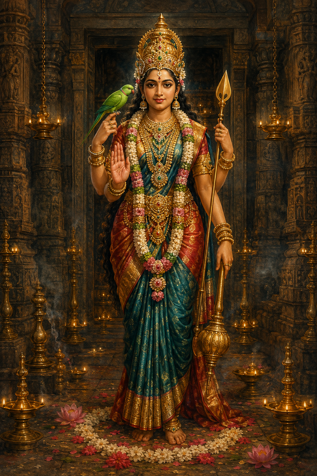 A Tamil Shakti Goddess stands in a lamp-lit temple sanctum with a green parakeet perched on one raised hand and divine attributes held in her other hands.