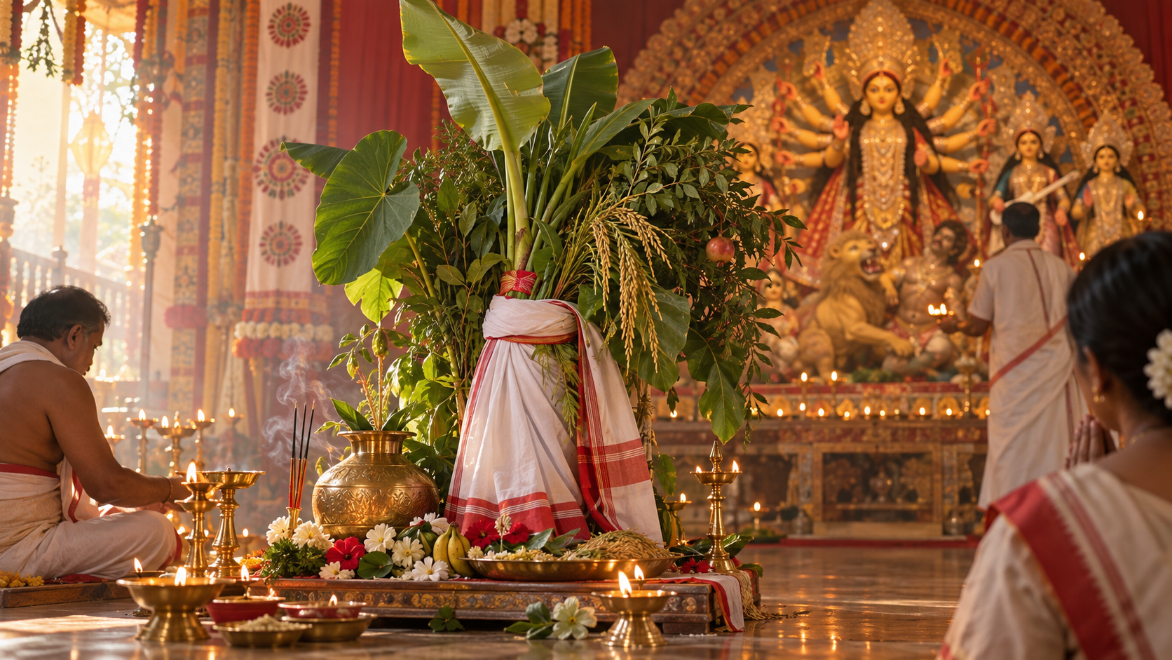 A sari-draped Nabapatrika bundle of sacred plants stands with lamps, flowers and brass vessels inside a Durga Puja mandap.