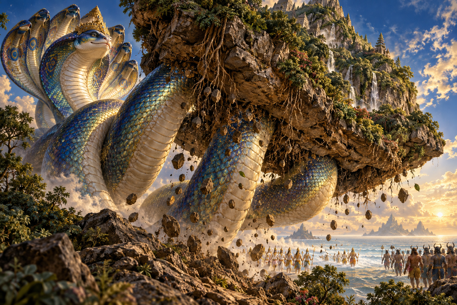 Ananta Shesha's coils brace the exposed roots and rocky underside of Mount Mandara as the mountain is lifted from the ground.