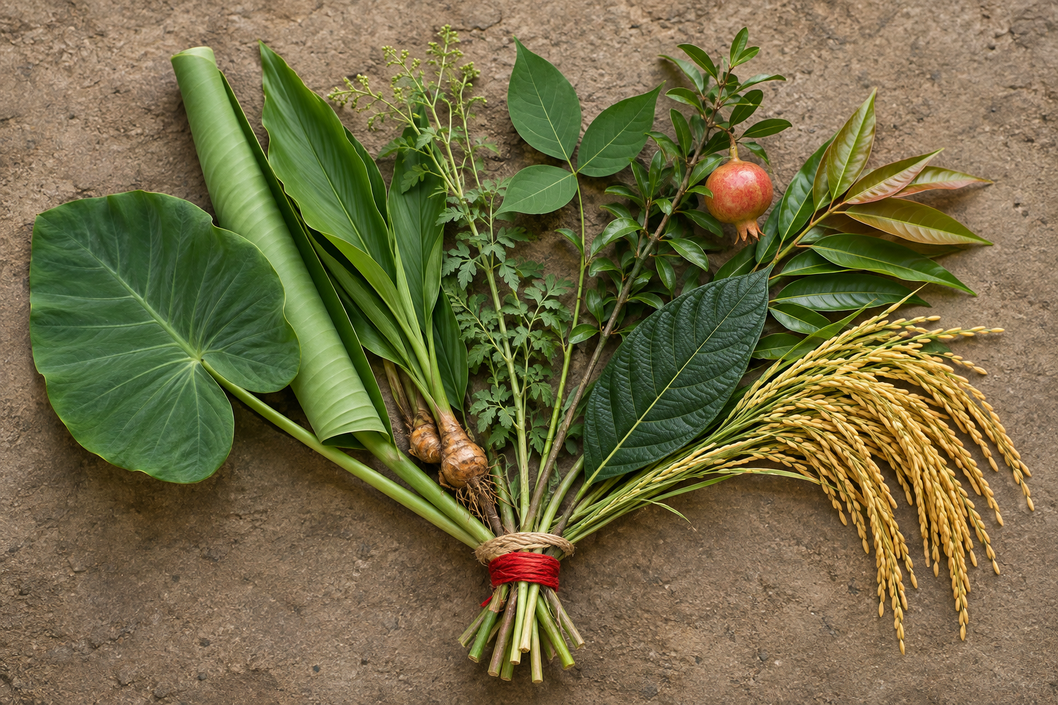 Nine different plant elements, including banana, colocasia, turmeric, bilva and rice, are arranged separately and tied together at the center.