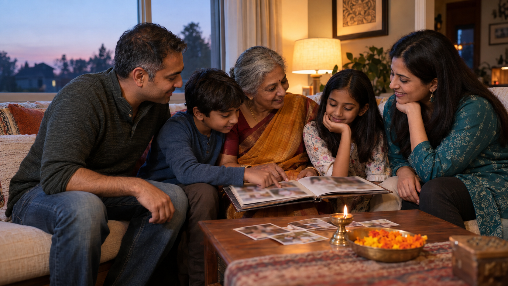 A multigenerational Hindu American family looks through a photo album together beside a diya and marigold petals in a living room.