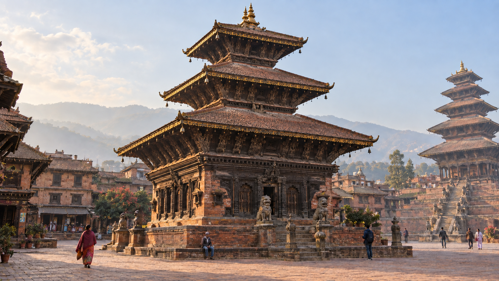 Bhairavnath Temple standing among brick buildings and pedestrians in Bhaktapur's Taumadhi Square.